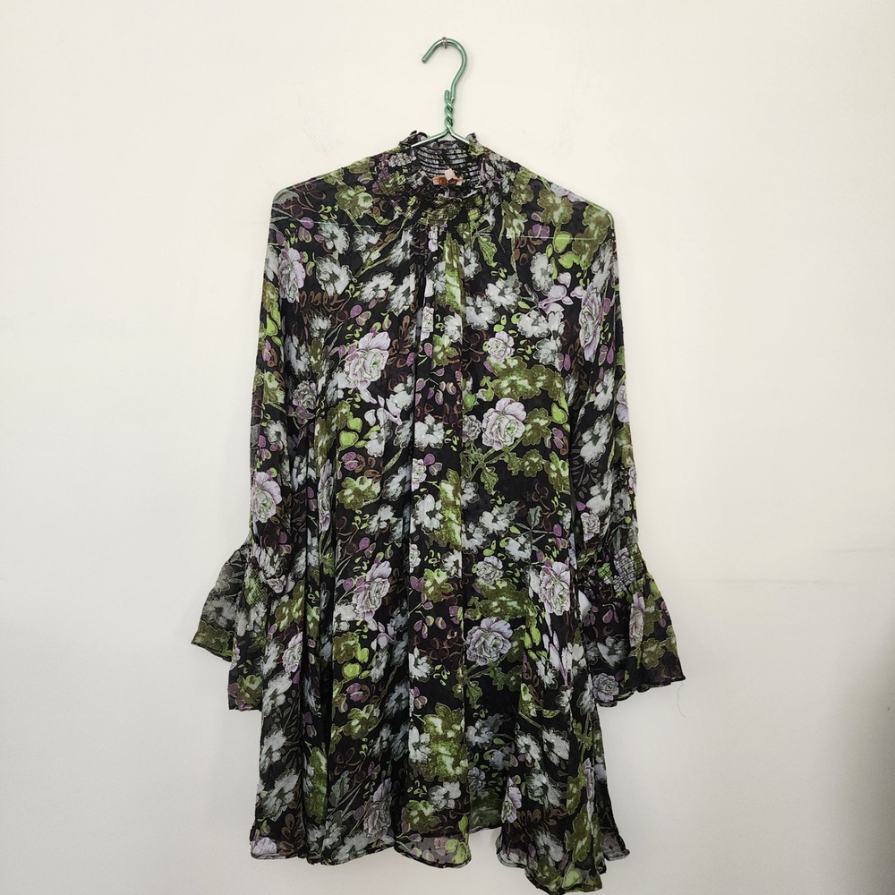 ByTiMo Floral Smocked High Neck Georgette Mini Dress Black Green XS Cottagecore